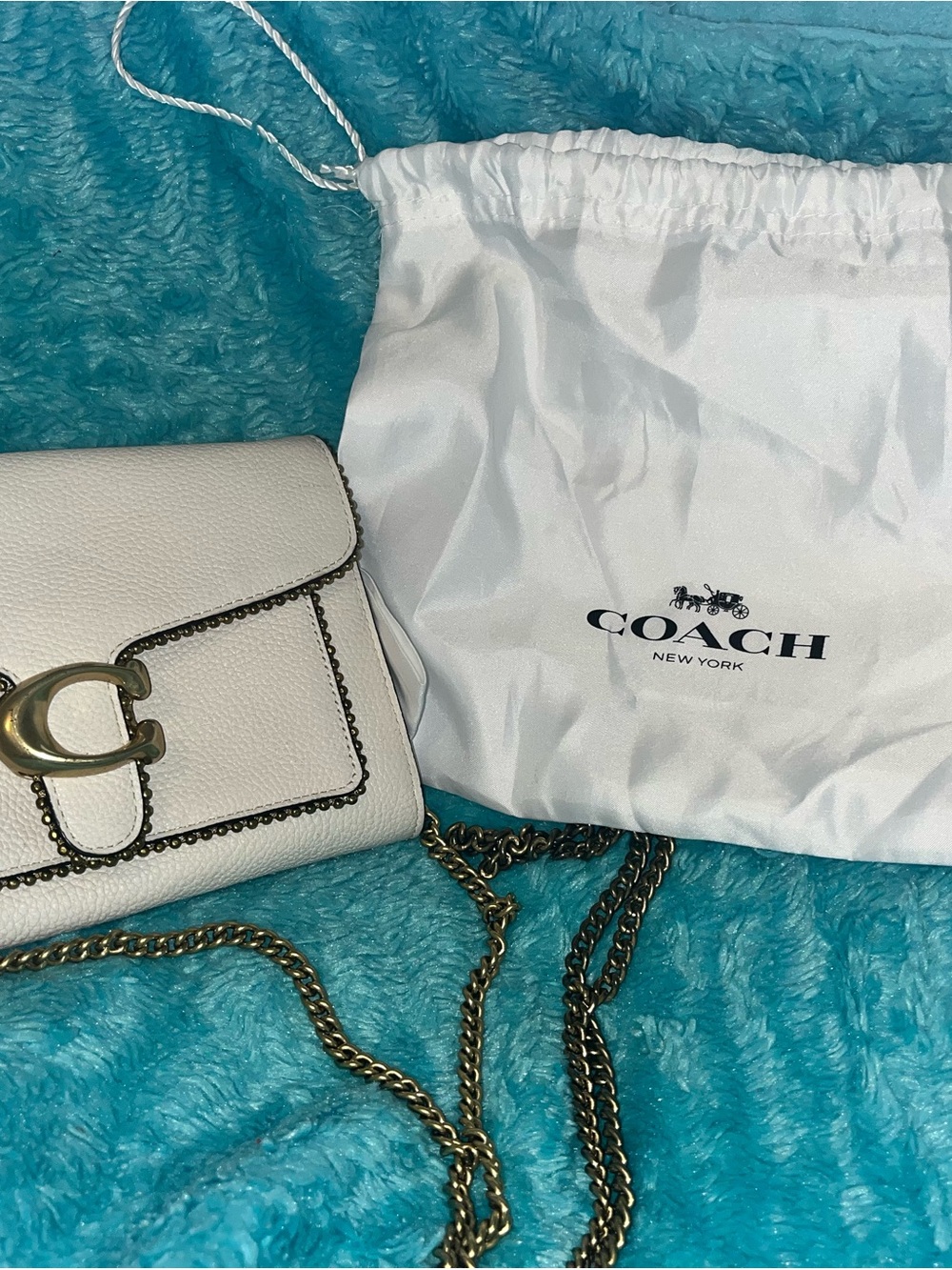 Coach White Pebbled Leather Crossbody with Gold Chain